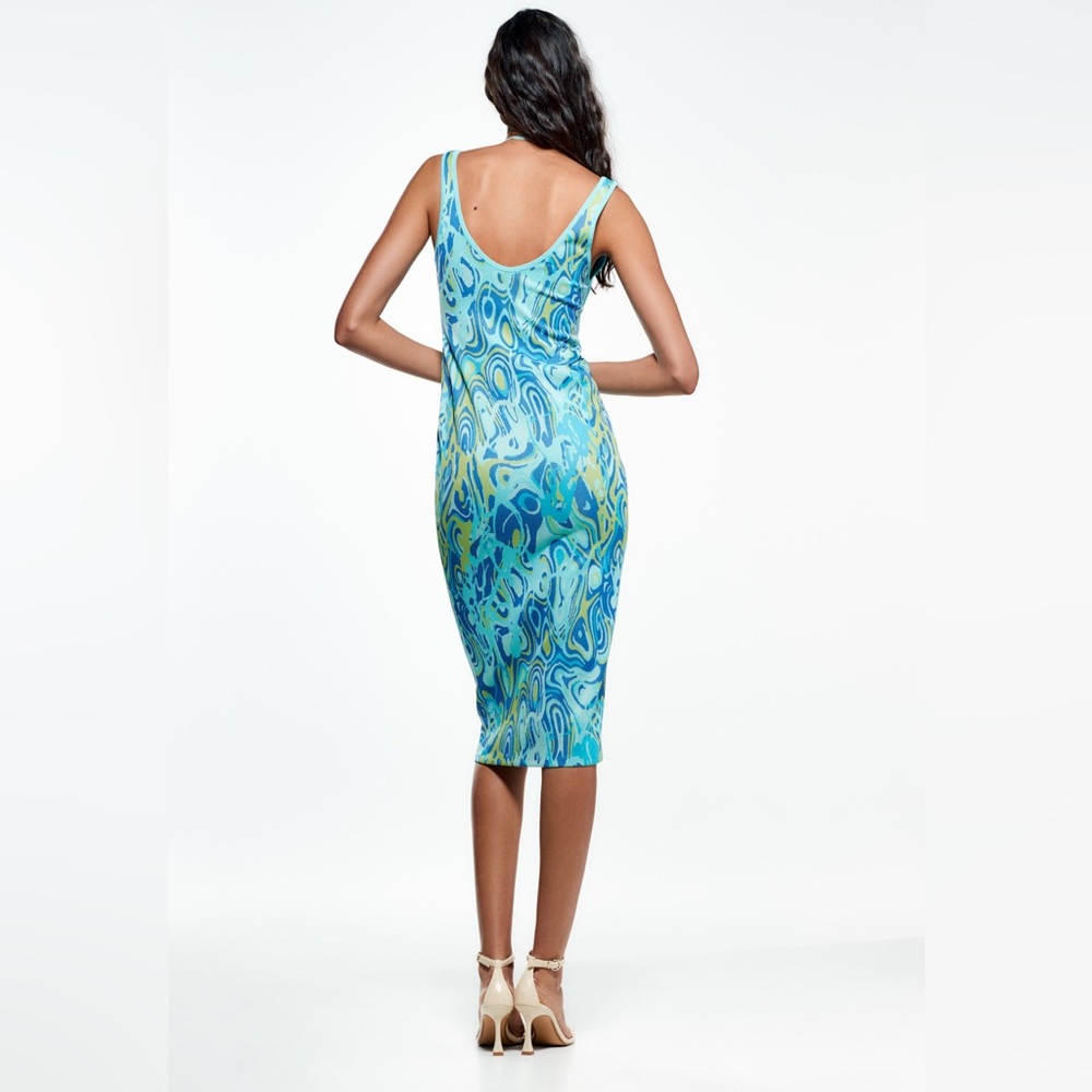 Zara Light Blue Print Cut out Jacquard Midi Size M - Picture 7 of 14